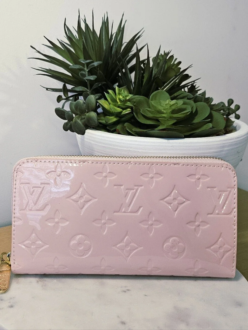 Designer Inspired Gorgeous Pink Patent Monogram Zipper Wallet